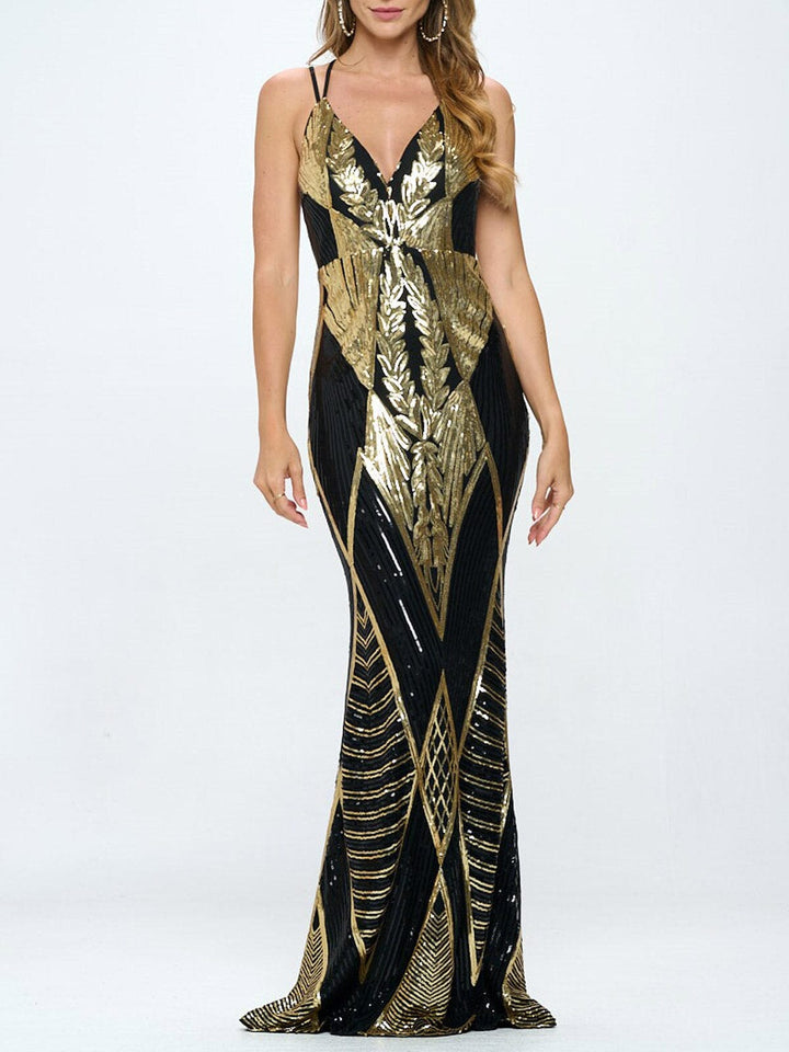 WOMEN'S SLEEVELESS V-NECK BODYCON SEQUINS GOWN MAXI DRESS