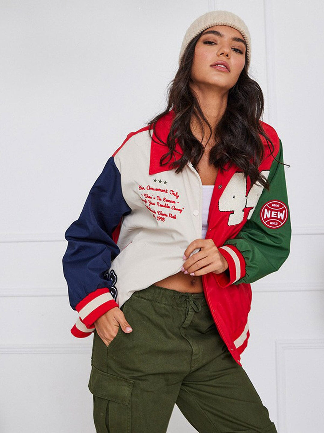 WOMEN'S LONG SLEEVE BUTTON UP POCKETS COLORBLOCK JACKET