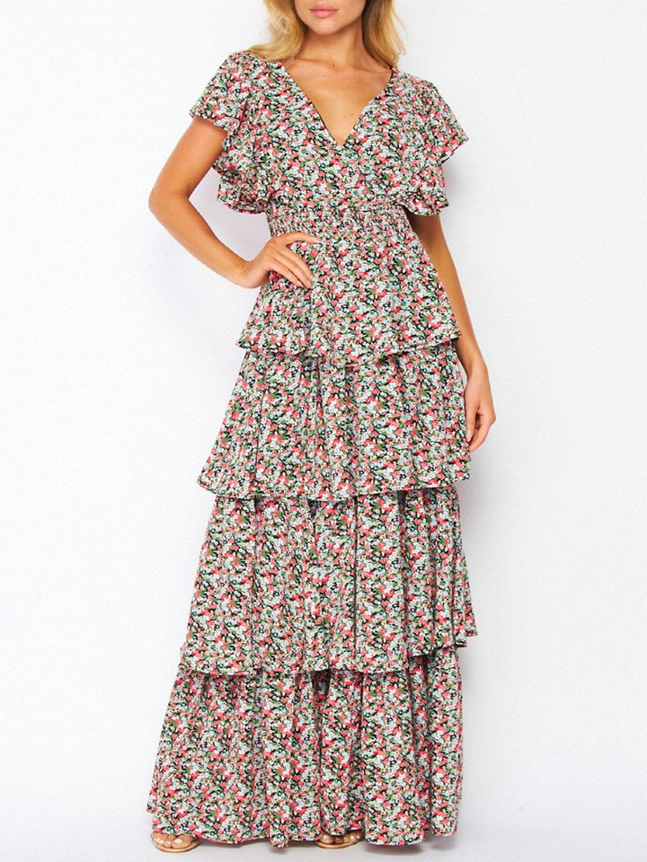 WOMEN'S SHORT RUFFLE SLEEVE V-NECK TIERED FLORAL MAXI DRESS