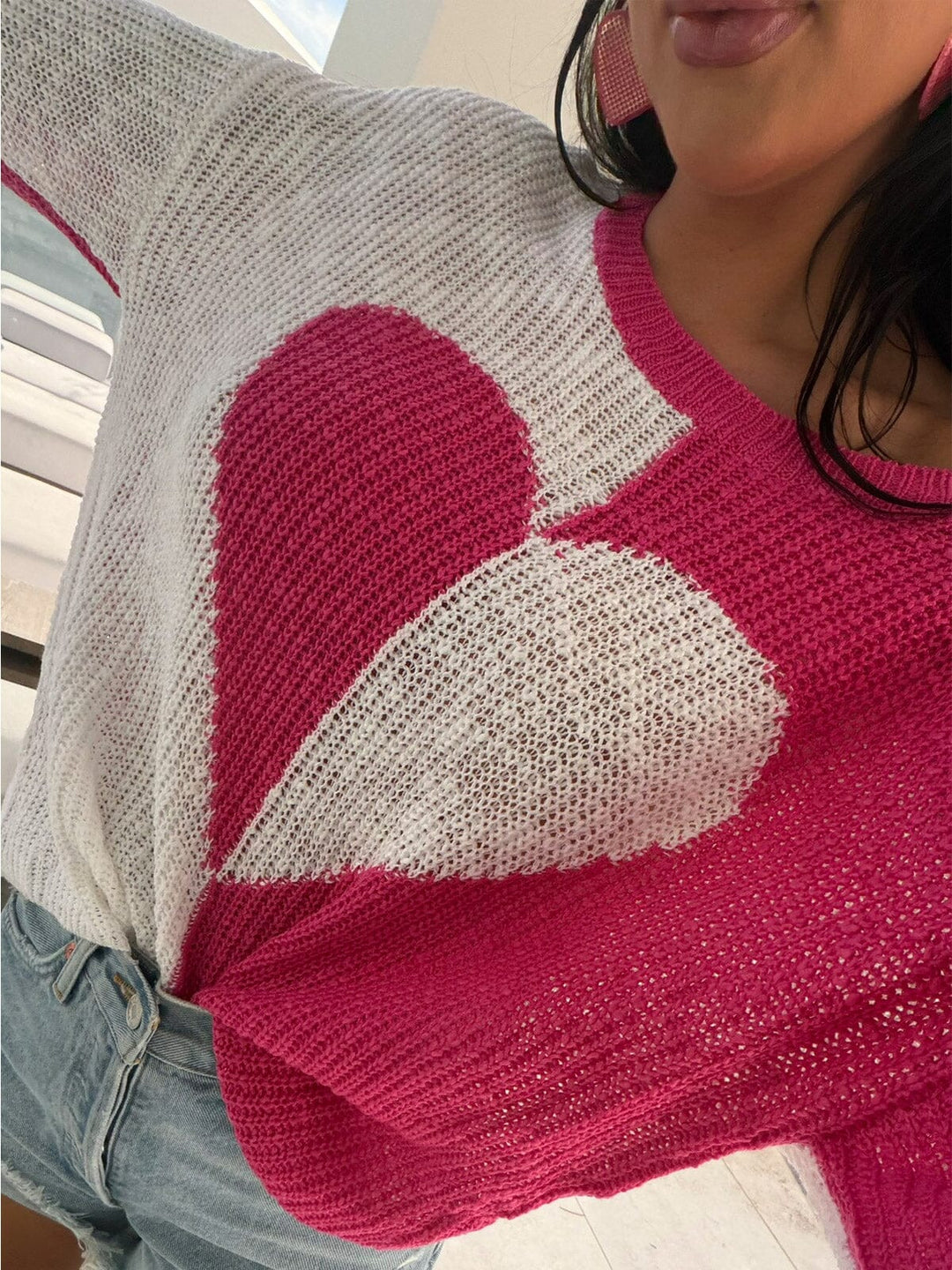 WOMEN'S LONG SLEEVE COLORBLOCK HEART PRINT KNIT PULLOVER SWEATER