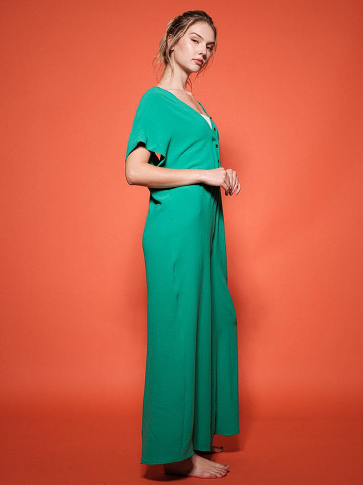 WOMEN'S SHORT SLEEVE V-NECK WIDE LEG JUMPSUIT