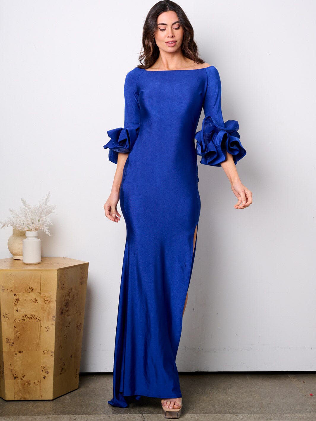 WOMEN'S 3/4 RUFFLE SLEEVE SIDE SLIT BODYCON MAXI GOWN DRESS