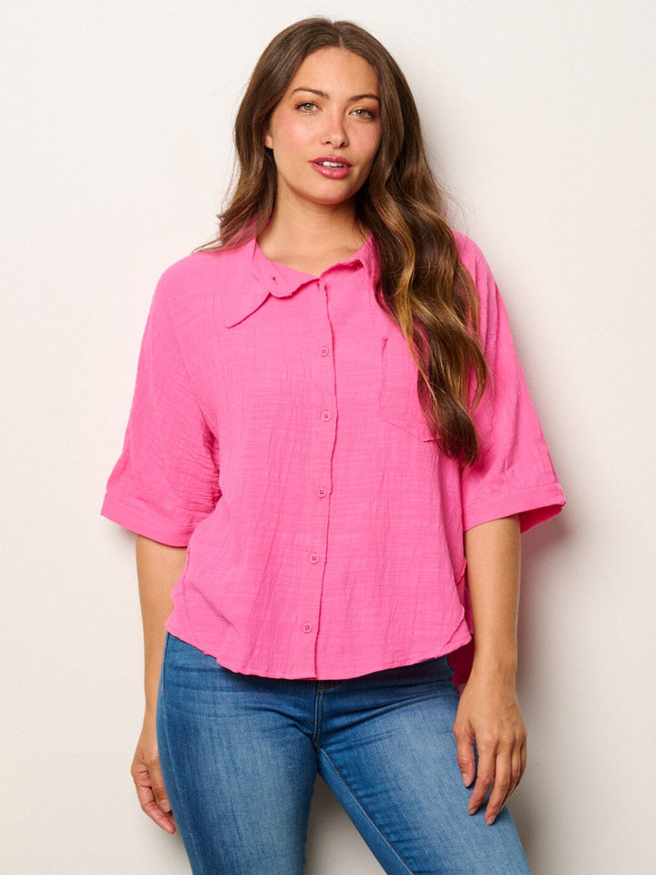 WOMEN'S SHORT SLEEVE BUTTON UP FRONT POCKET BLOUSE TOP