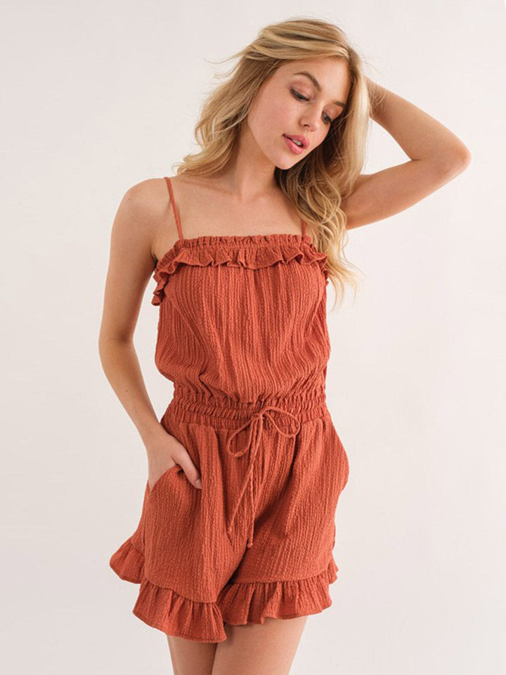 WOMEN'S SLEEVELESS SMOCK WAIST POCKETS RUFFLE ROMPER