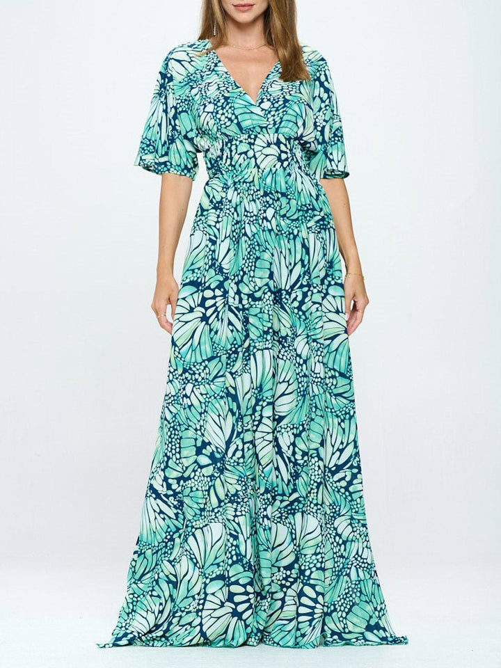 WOMEN'S SHORT SLEEVE SURPLICE SMOCK WAIST PRINTED MAXI DRESS