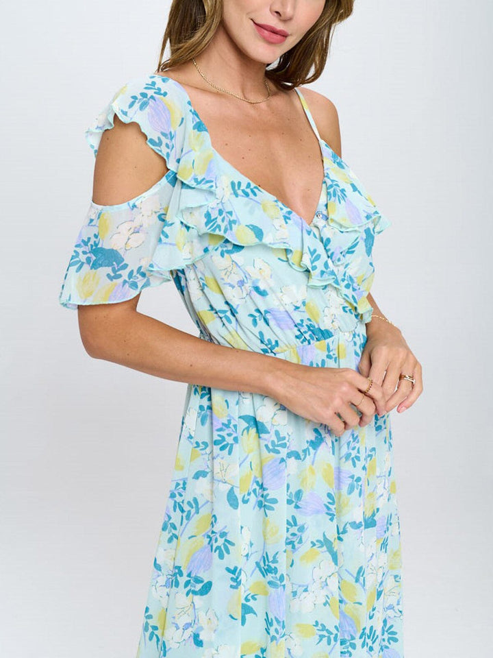 WOMEN'S COLD SHOULDER RUFFLE FLORAL MAXI DRESS