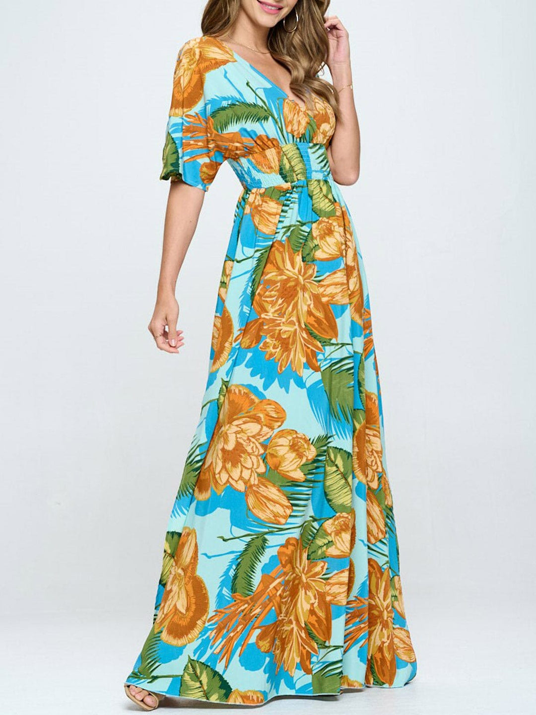WOMEN'S SHORT SLEEVE SURPLICE SMOCK WAIST FLORAL MAXI DRESS