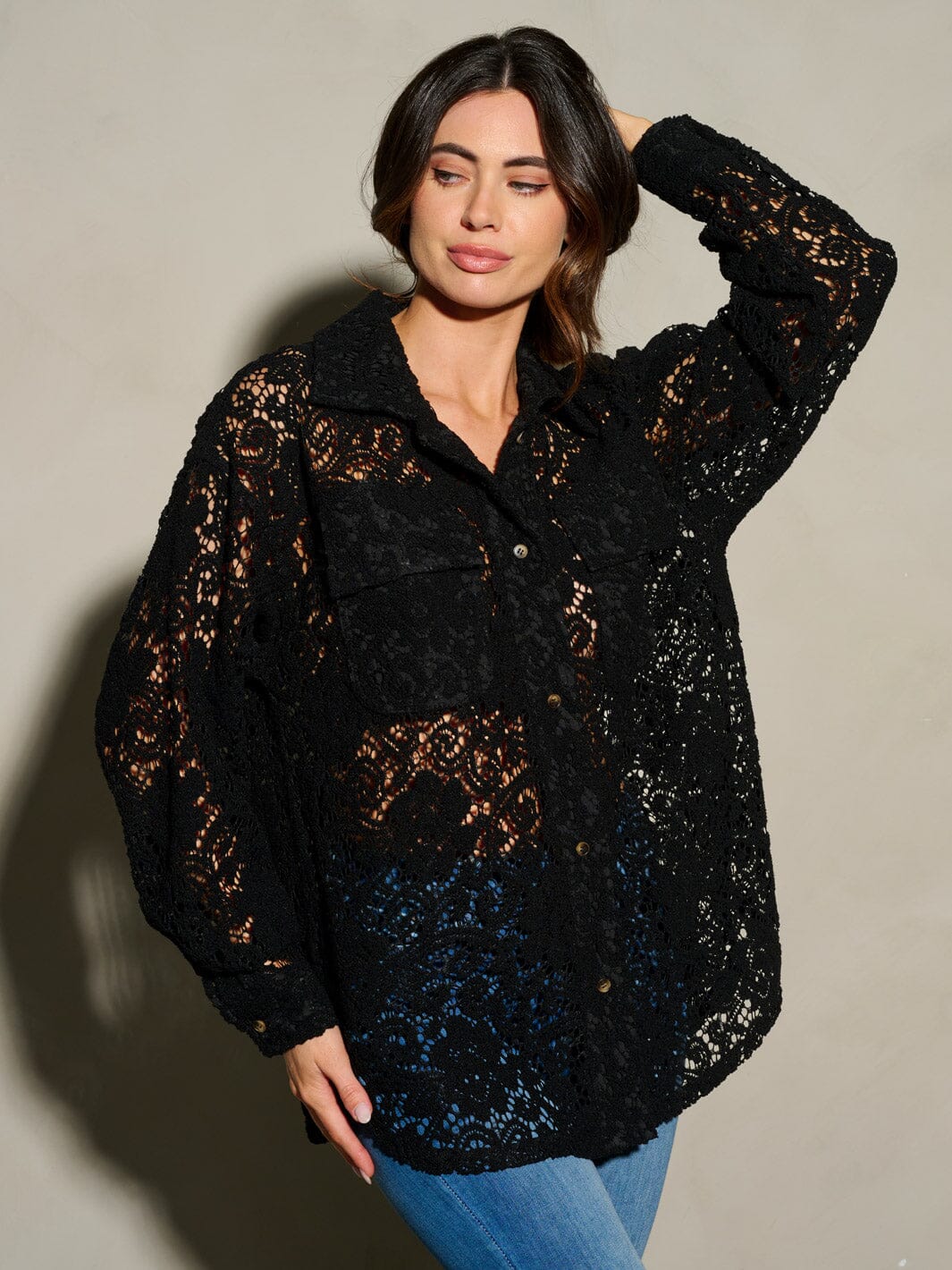WOMEN'S LONG SLEEVE BUTTON UP POCKETS CROCHET BLOUSE TOP