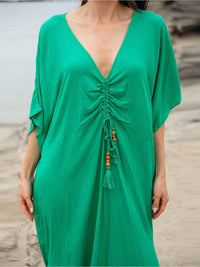 WOMEN'S SHORT SLEEVE V-NECK RUCHED TUNIC MAXI DRESS