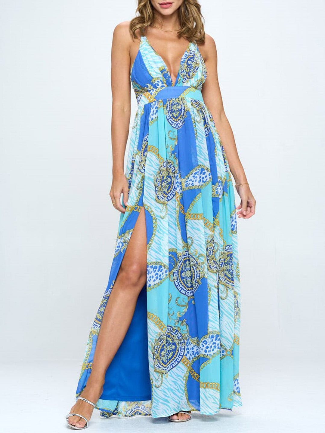 WOMEN'S SLEEVELESS V-NECK OPEN BACK MULTI PRINT MAXI DRESS