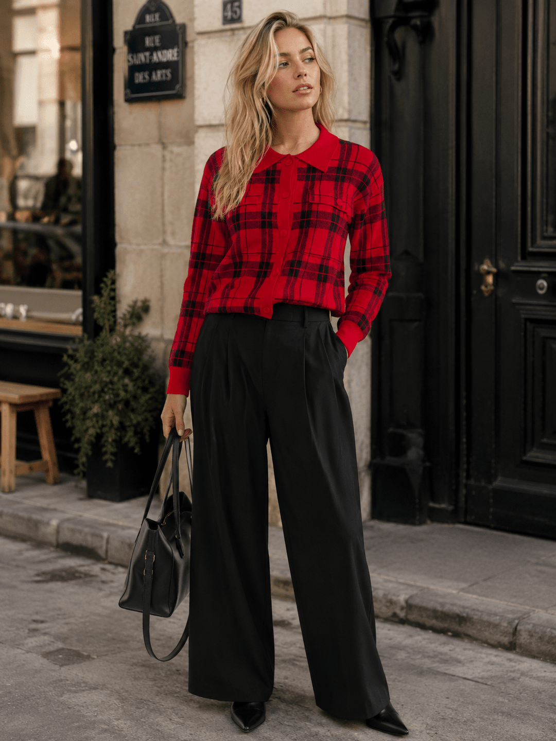 WOMEN'S LONG SLEEVE BUTTON UP FRONT POCKETS COLORBLOCK SWEATER