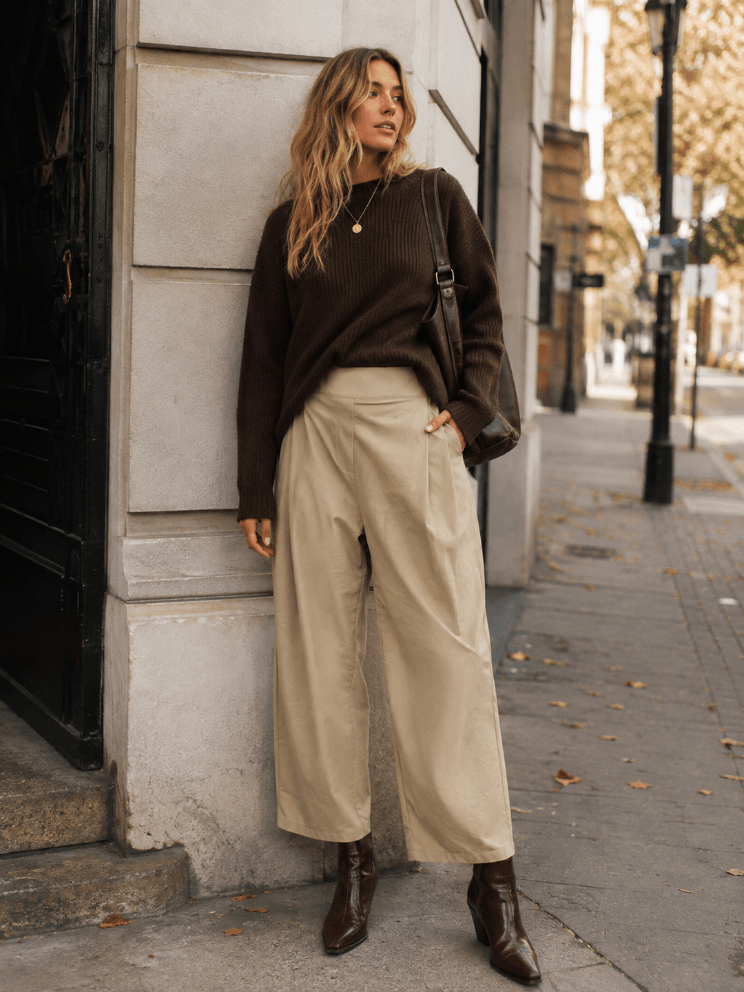 WOMEN'S ELASTIC WAIST FRONT POCKETS WIDE LEG PANTS
