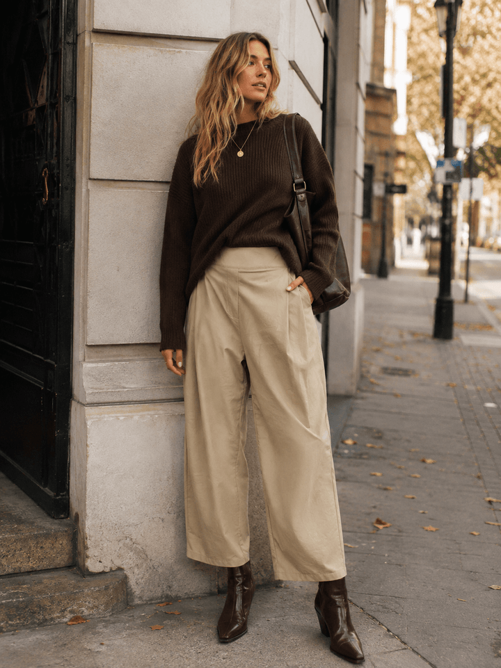 WOMEN'S ELASTIC WAIST FRONT POCKETS WIDE LEG PANTS