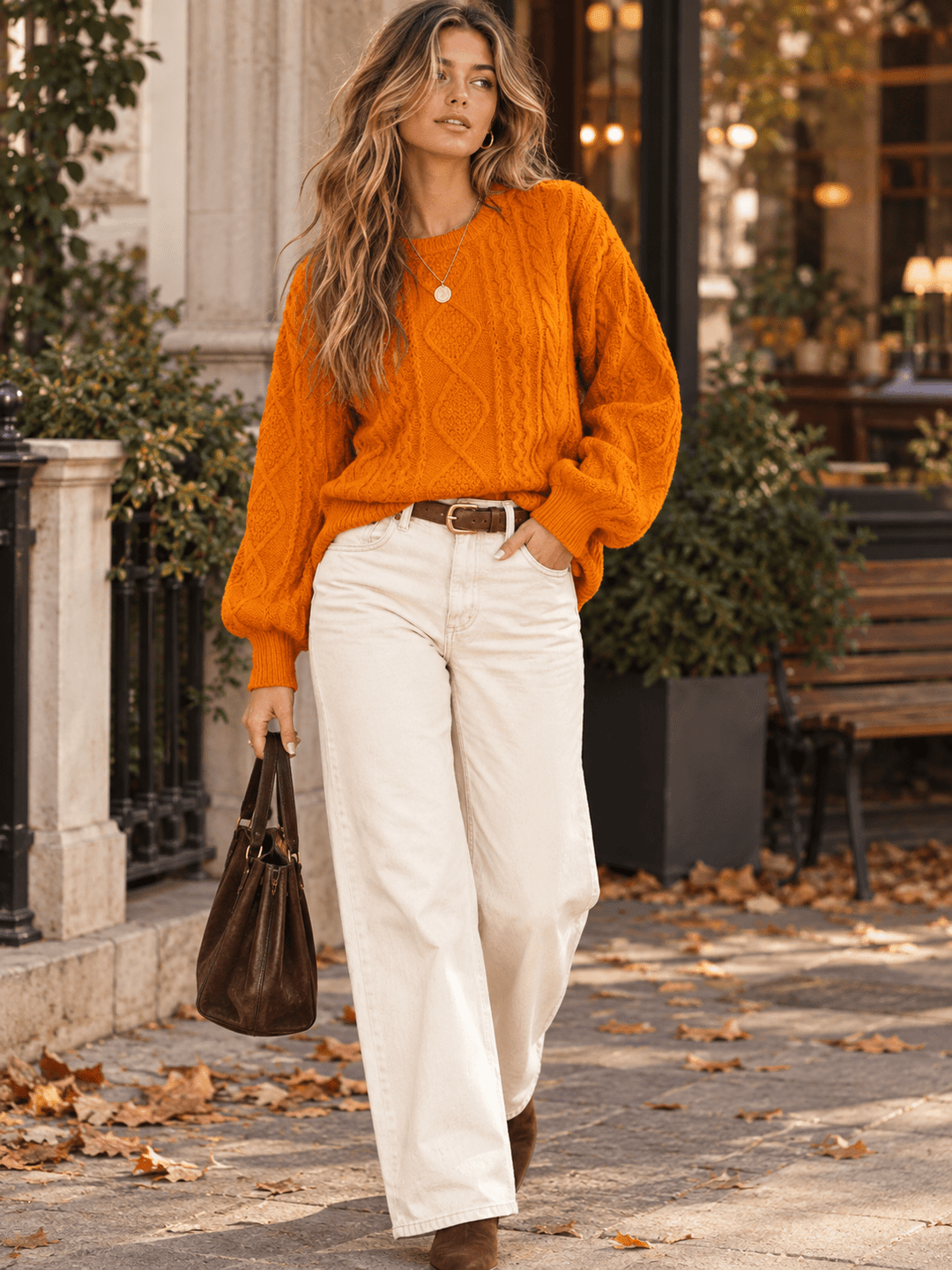 WOMEN'S LONG SLEEVE CABLE KNIT PULLOVER SWEATER