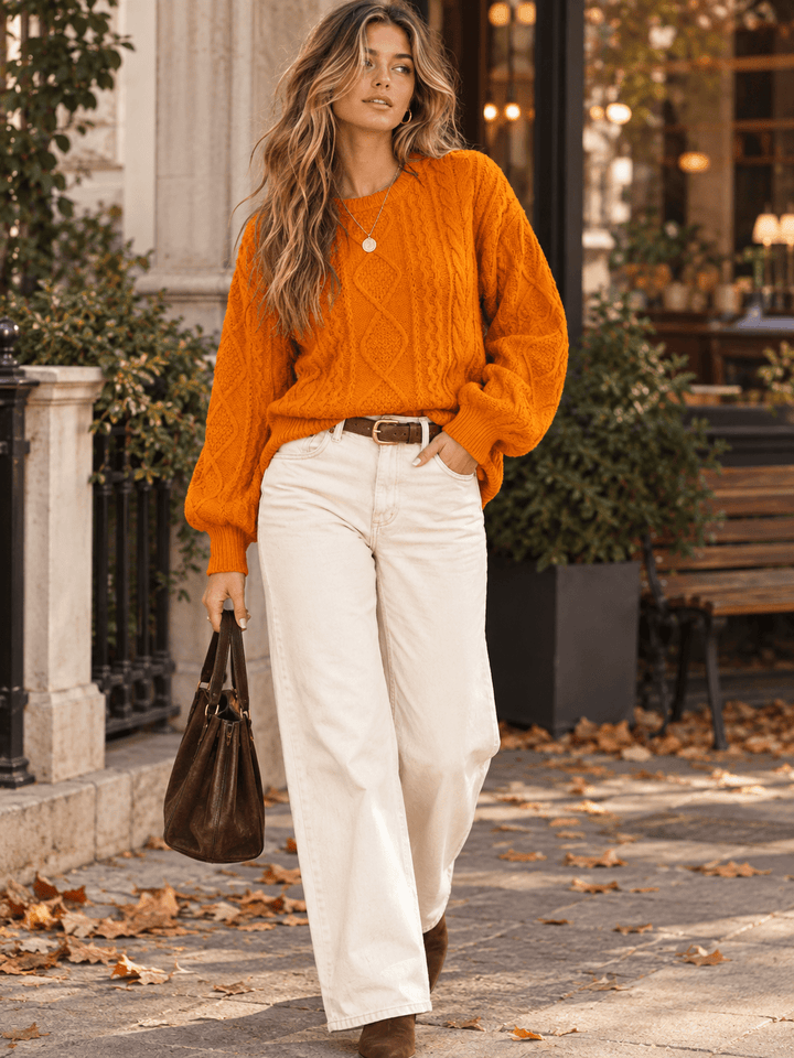 WOMEN'S LONG SLEEVE CABLE KNIT PULLOVER SWEATER