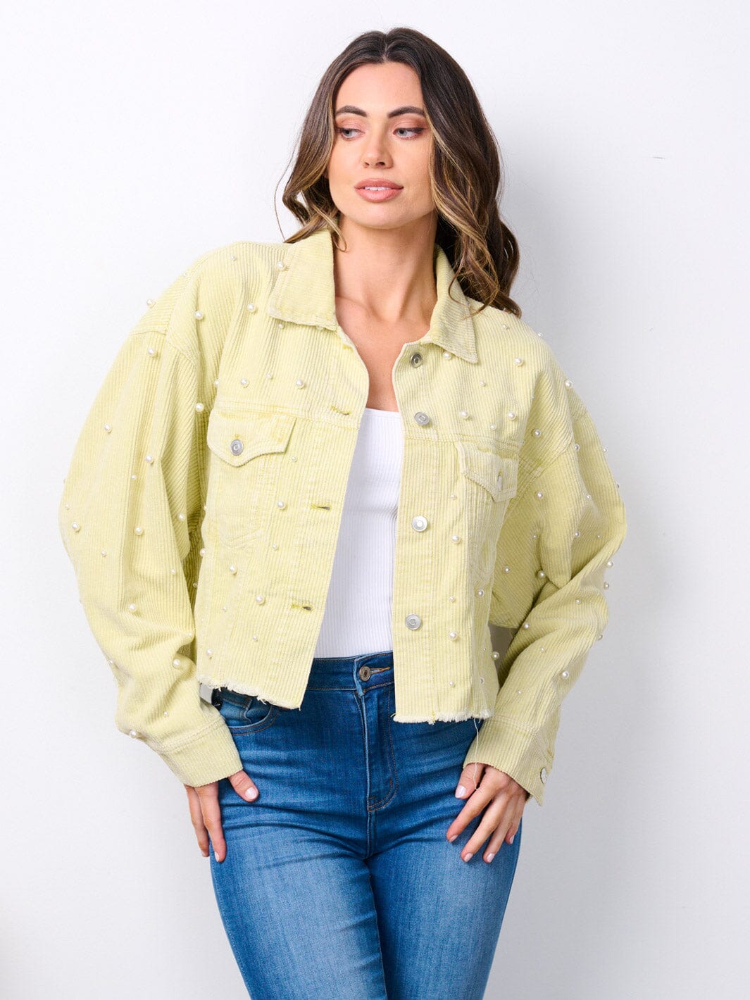 WOMEN'S LONG SLEEVE BUTTON CLOSURE PEARL DETAILED CORDUROY JACKET