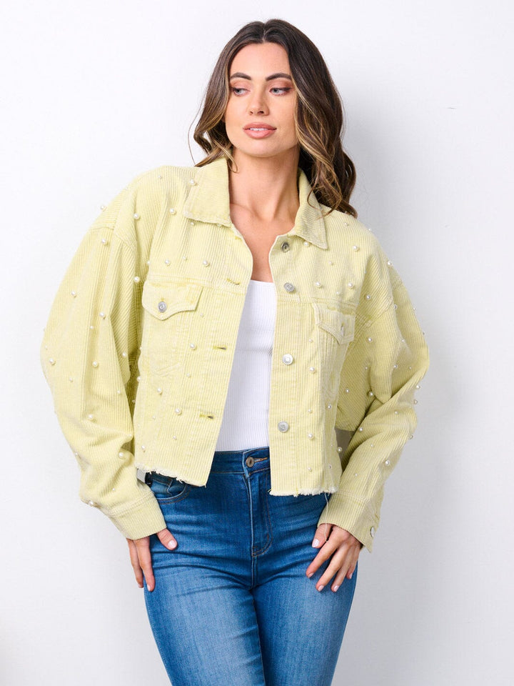 WOMEN'S LONG SLEEVE BUTTON CLOSURE PEARL DETAILED CORDUROY JACKET