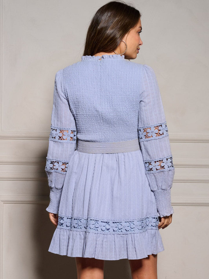 WOMEN'S LONG SLEEVE BELTED TIERED SMOCK SWISS DOTS MINI DRESS