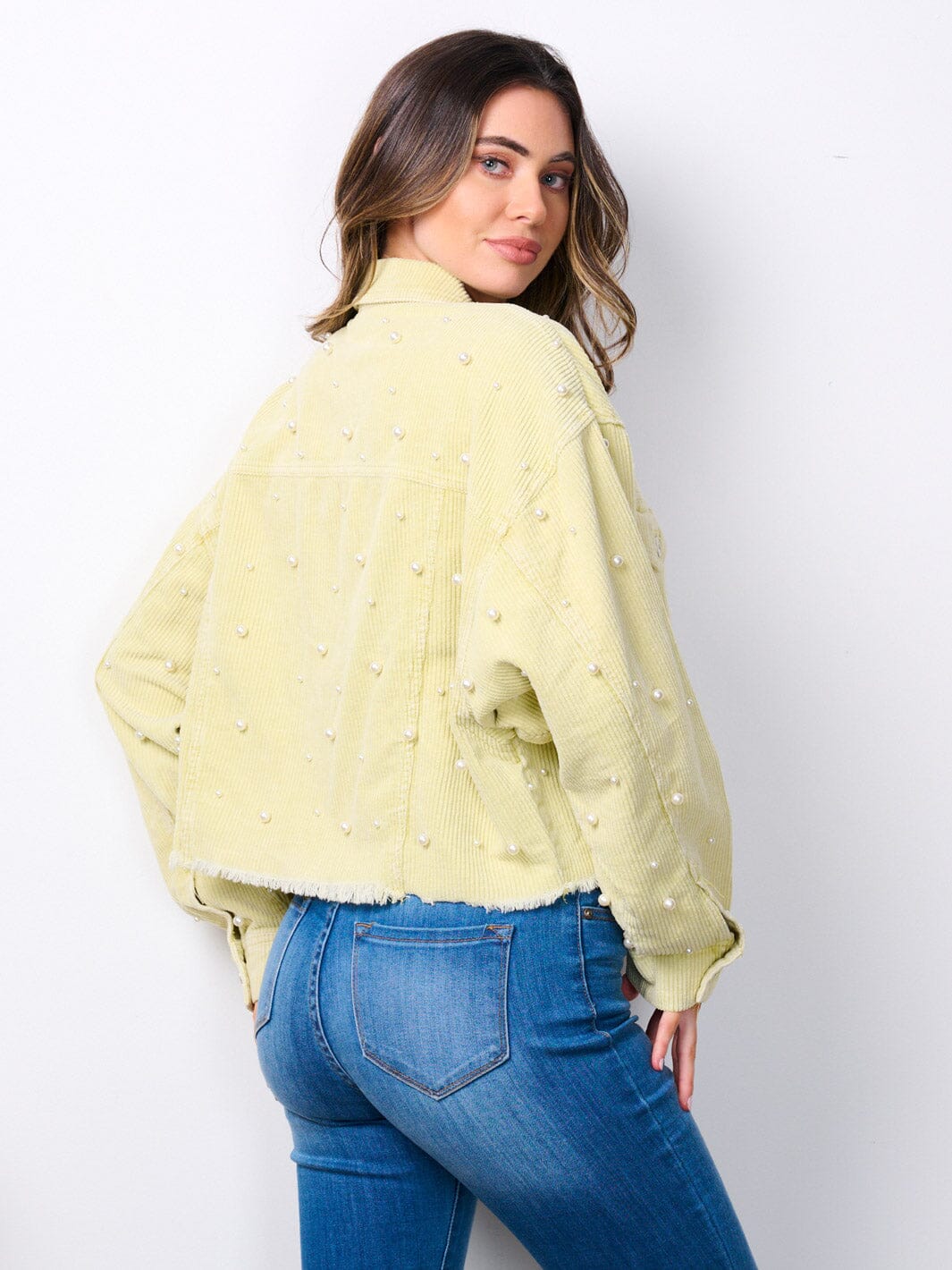 WOMEN'S LONG SLEEVE BUTTON CLOSURE PEARL DETAILED CORDUROY JACKET