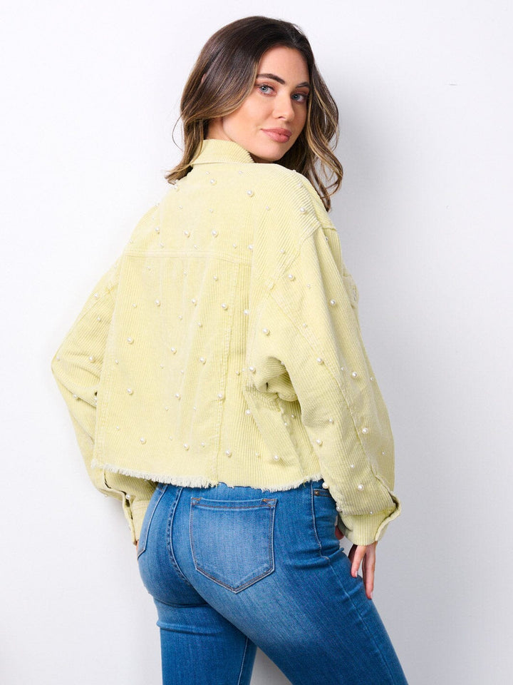 WOMEN'S LONG SLEEVE BUTTON CLOSURE PEARL DETAILED CORDUROY JACKET