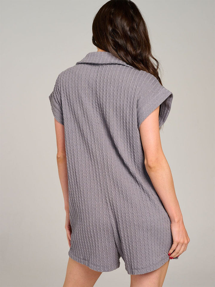 WOMEN'S SHORT SLEEVE FRONT POCKETS BUTTON UP RIBBED ROMPER