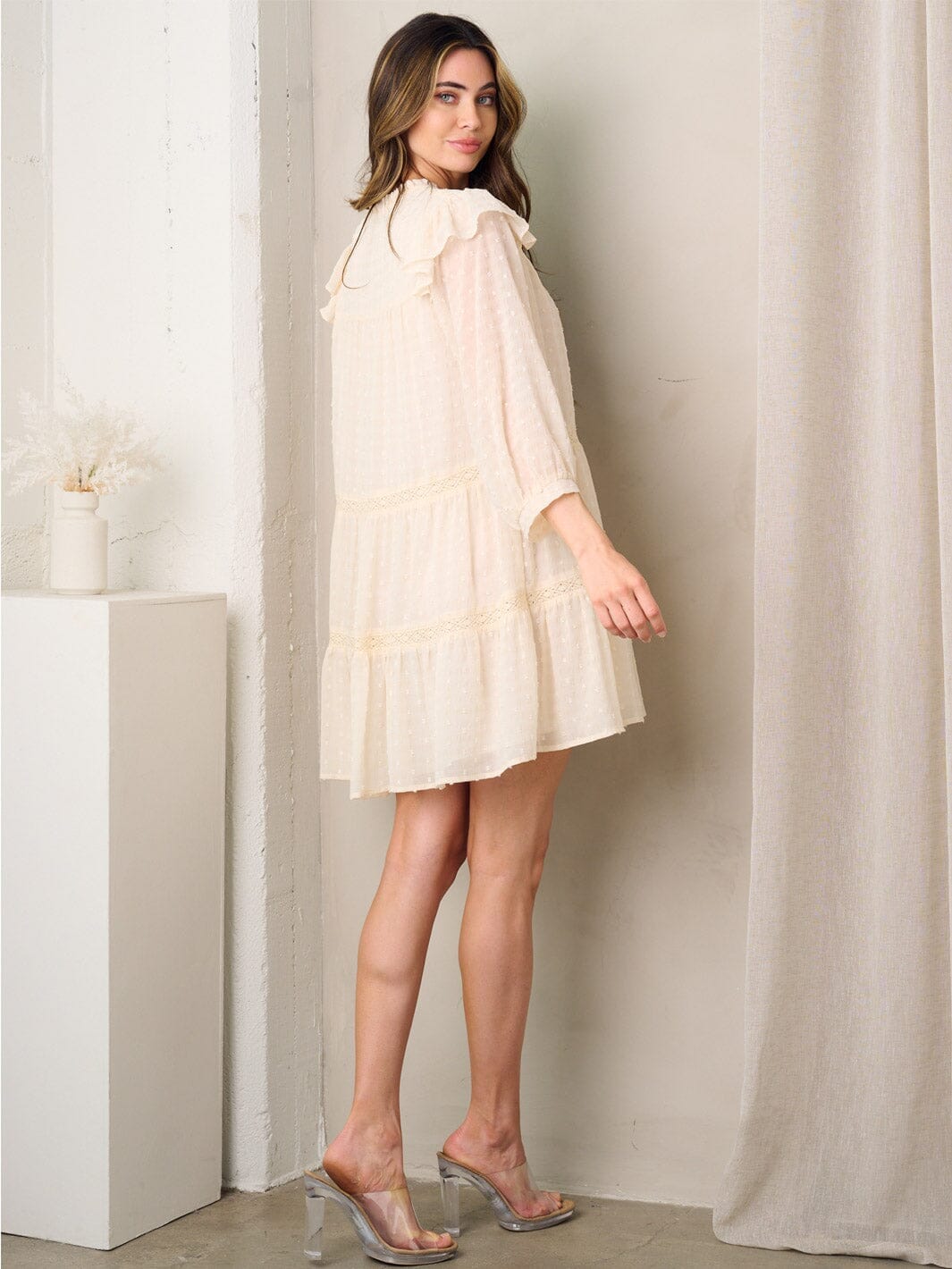 WOMEN'S LONG SLEEVE TIERED SWISS DOT BABYDOLL MINI DRESS ...