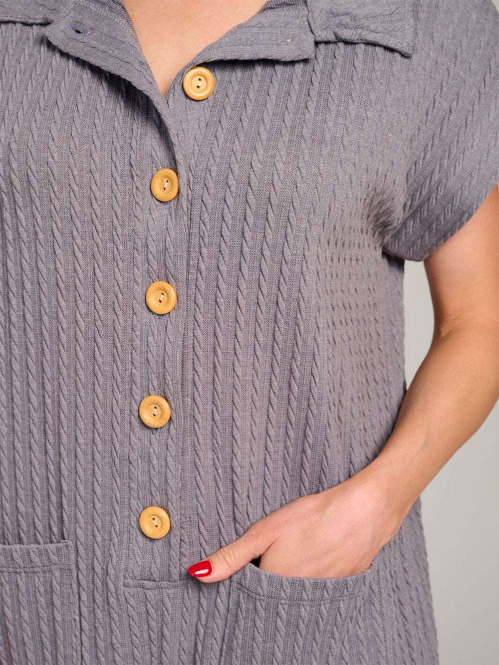 WOMEN'S SHORT SLEEVE FRONT POCKETS BUTTON UP RIBBED ROMPER