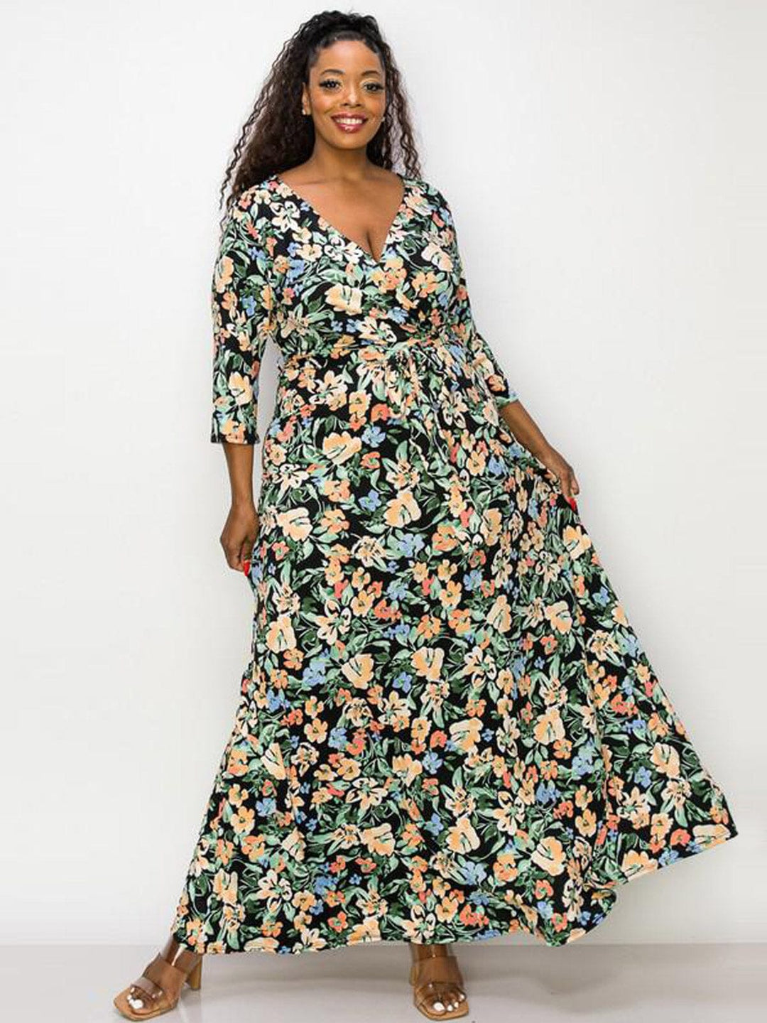 PLUS SIZE 3/4 SLEEVE SURPLICE SELF TIE FLORAL MAXI DRESS