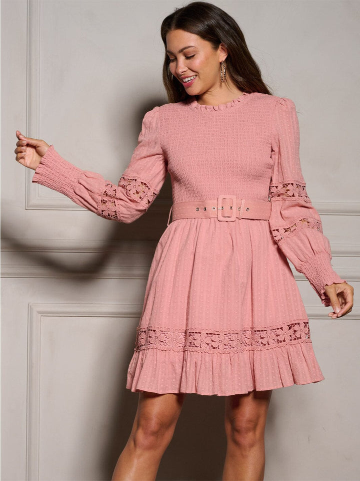 WOMEN'S LONG SLEEVE BELTED TIERED SMOCK SWISS DOTS MINI DRESS