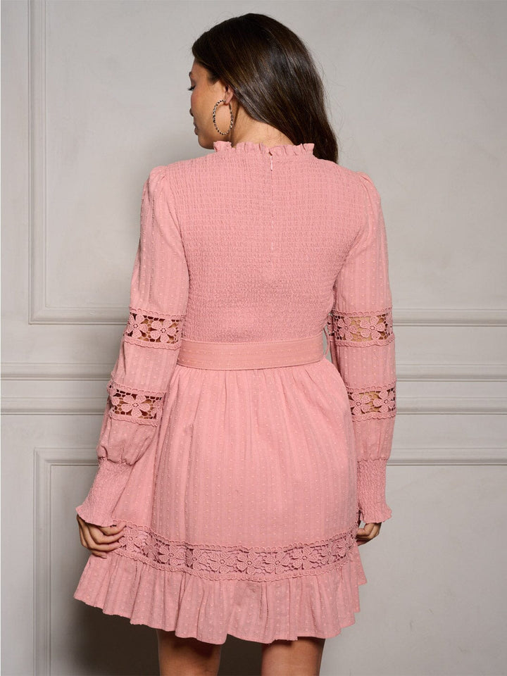 WOMEN'S LONG SLEEVE BELTED TIERED SMOCK SWISS DOTS MINI DRESS