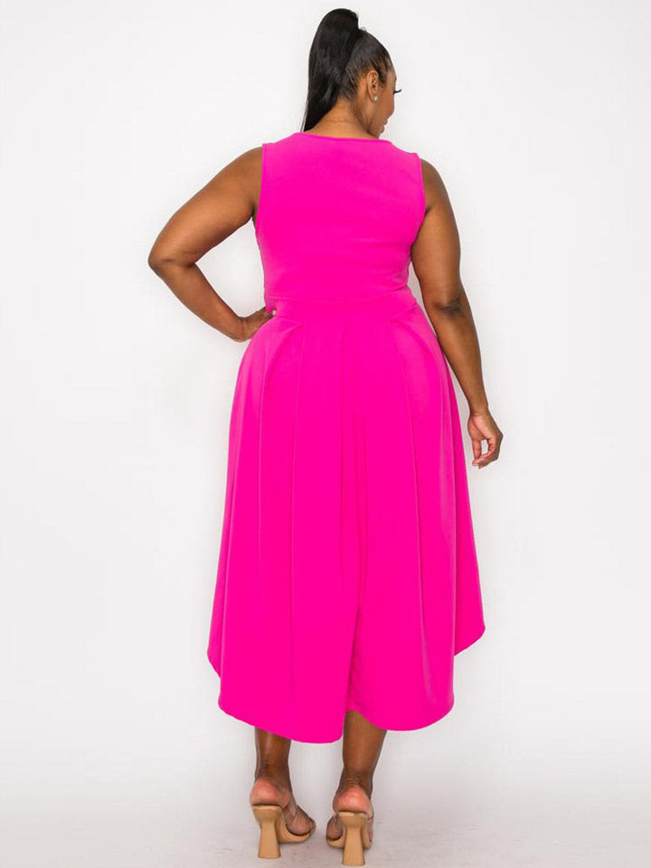 PLUS SIZE SLEEVELESS V-NECK HIGH-LOW MIDI DRESS