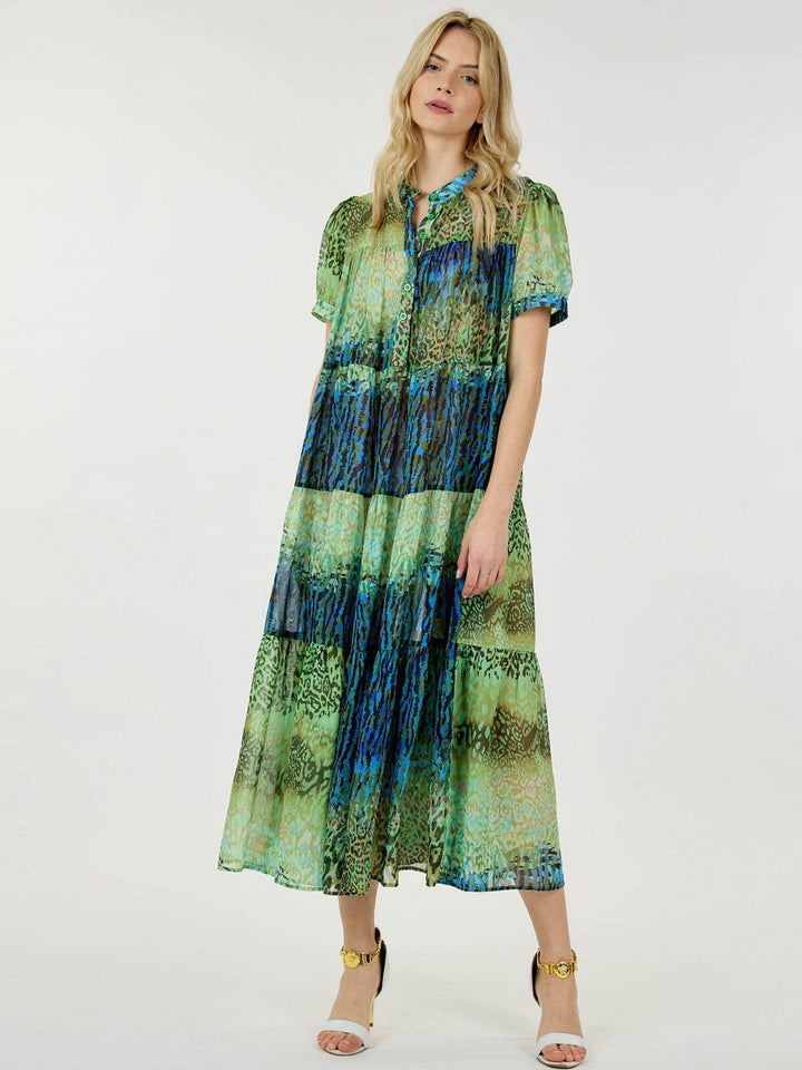 WOMEN'S SHORT SLEEVE BUTTON UP TIERED MULTI ANIMAL PRINT MAXI DRESS