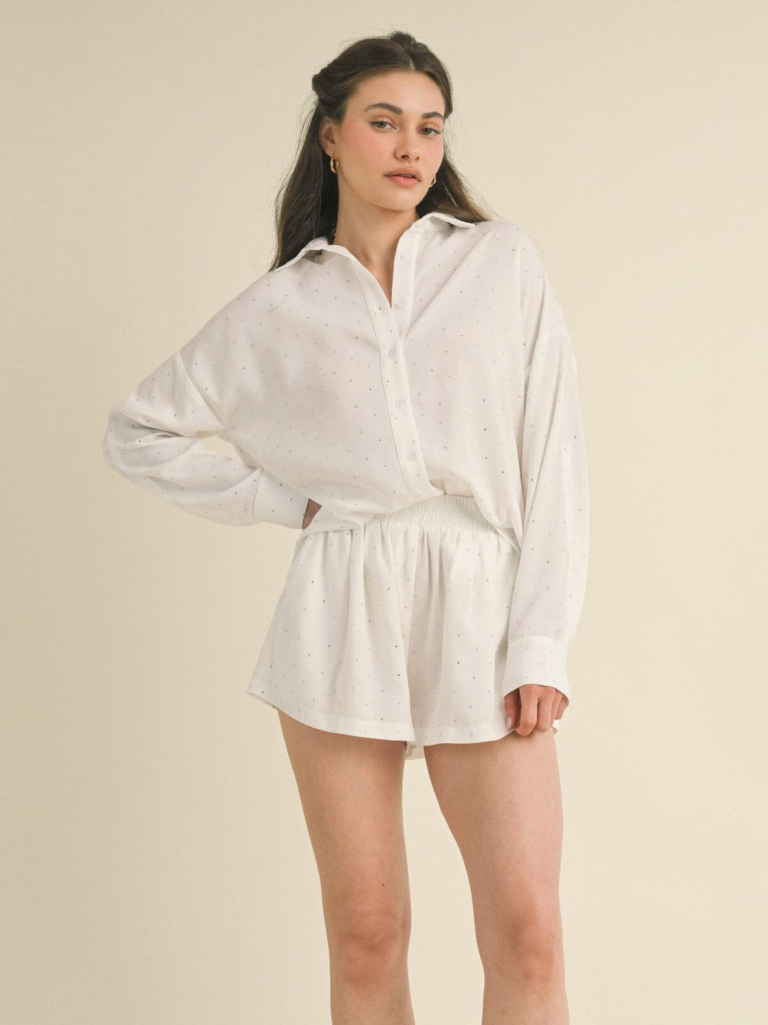 WOMEN'S LONG SLEEVE BLOUSE & MINI SHORTS STUDS DETAILED 2PC. SET