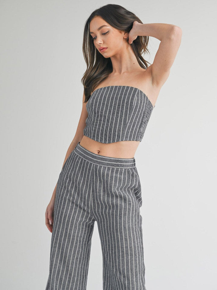 WOMEN'S SLEEVELESS SMOCK CROP TOP & WIDE LEG PANTS STRIPES 2PC. SET