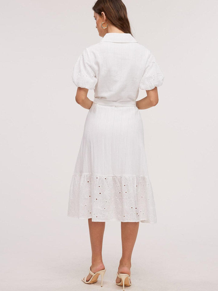 WOMEN'S SHORT SLEEVE BUTTON UP EYELET DETAILED MIDI DRESS