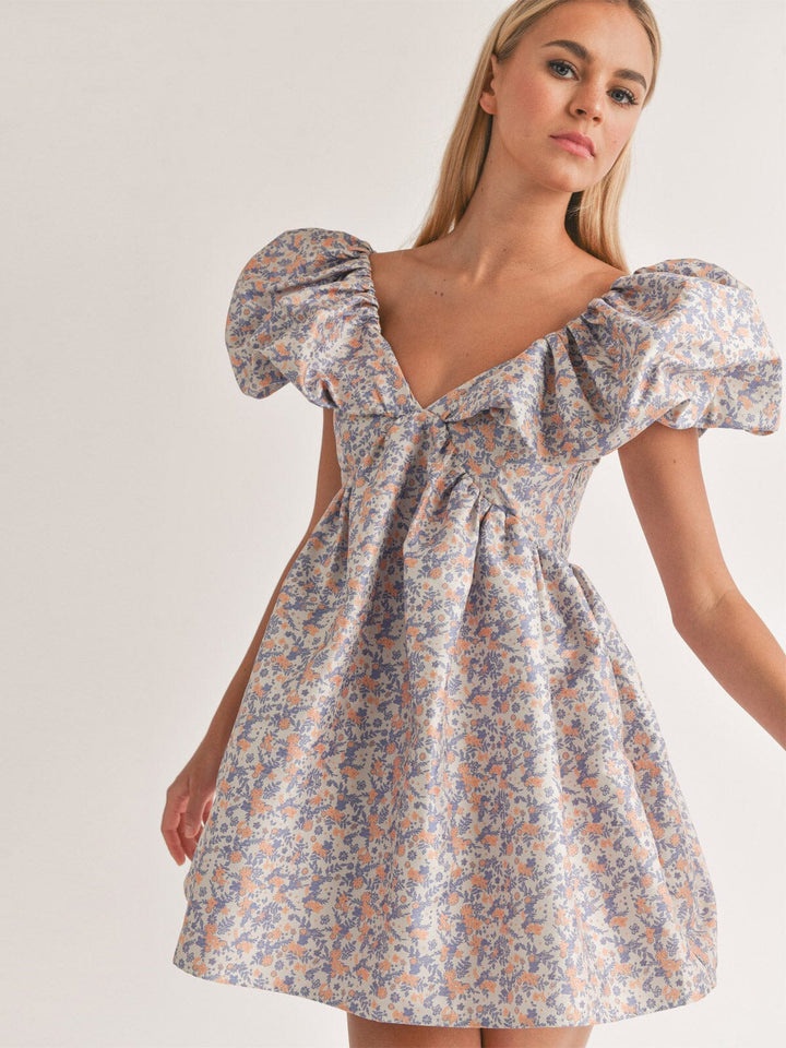 WOMEN'S SHORT PUFF SLEEVE V-NECK BABYDOLL FLORAL PRINT MINI DRESS