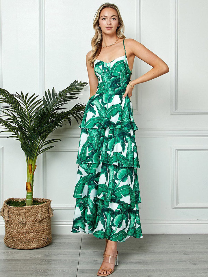 WOMEN'S SLEEVELESS TIERED OPEN BACK LACE UP LEAF PRINT MAXI DRESS
