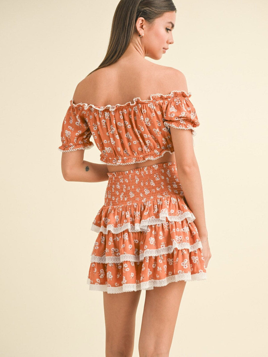 WOMEN'S OFF SHOULDER CROP TOP & ELASTIC WAIST MINI SKIRT RUFFLE FLORAL 2PC. SET