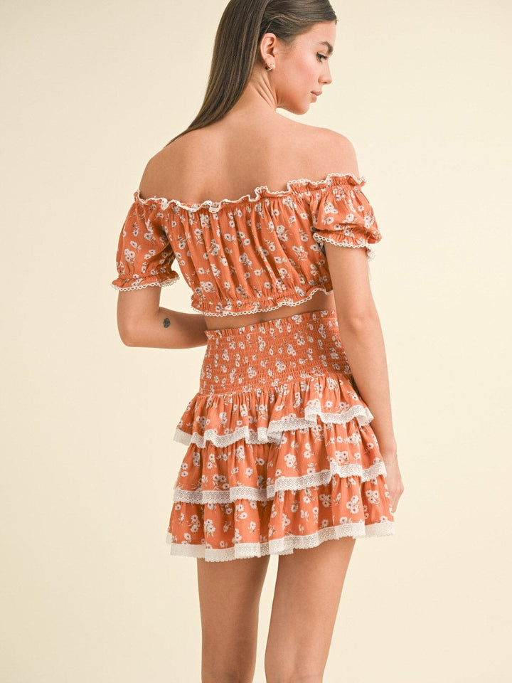 WOMEN'S OFF SHOULDER CROP TOP & ELASTIC WAIST MINI SKIRT RUFFLE FLORAL 2PC. SET