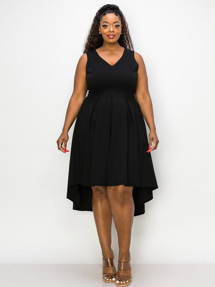 PLUS SIZE SLEEVELESS V-NECK HIGH-LOW MIDI DRESS