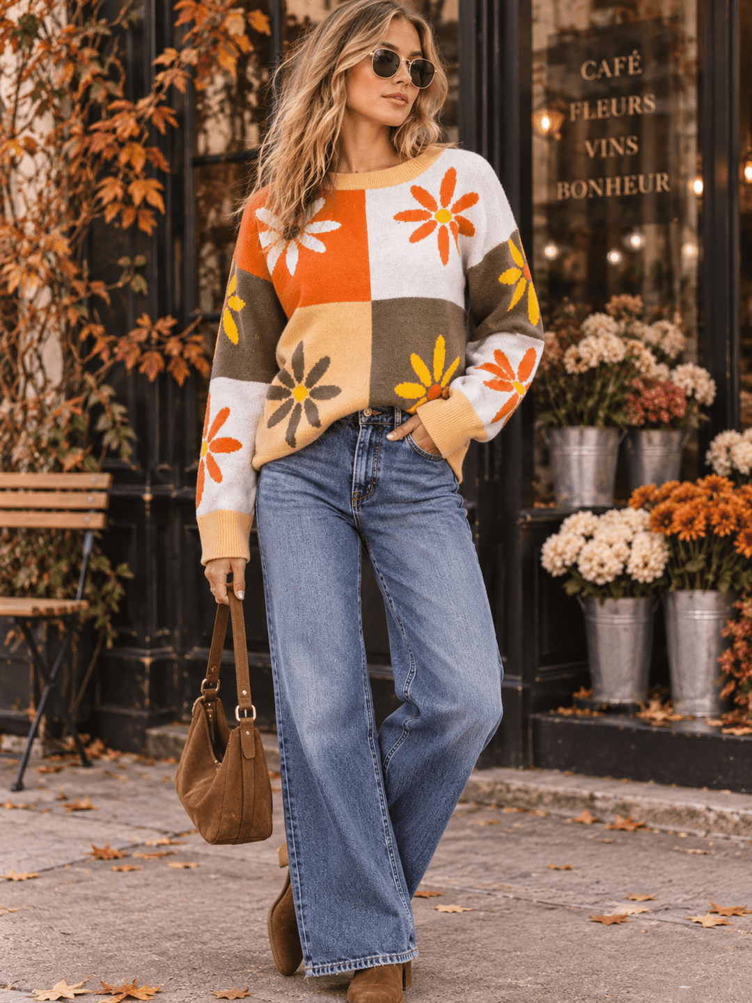 WOMEN'S LONG SLEEVE FLOWERS PRINT COLORBLOCK PULLOVER SWEATER