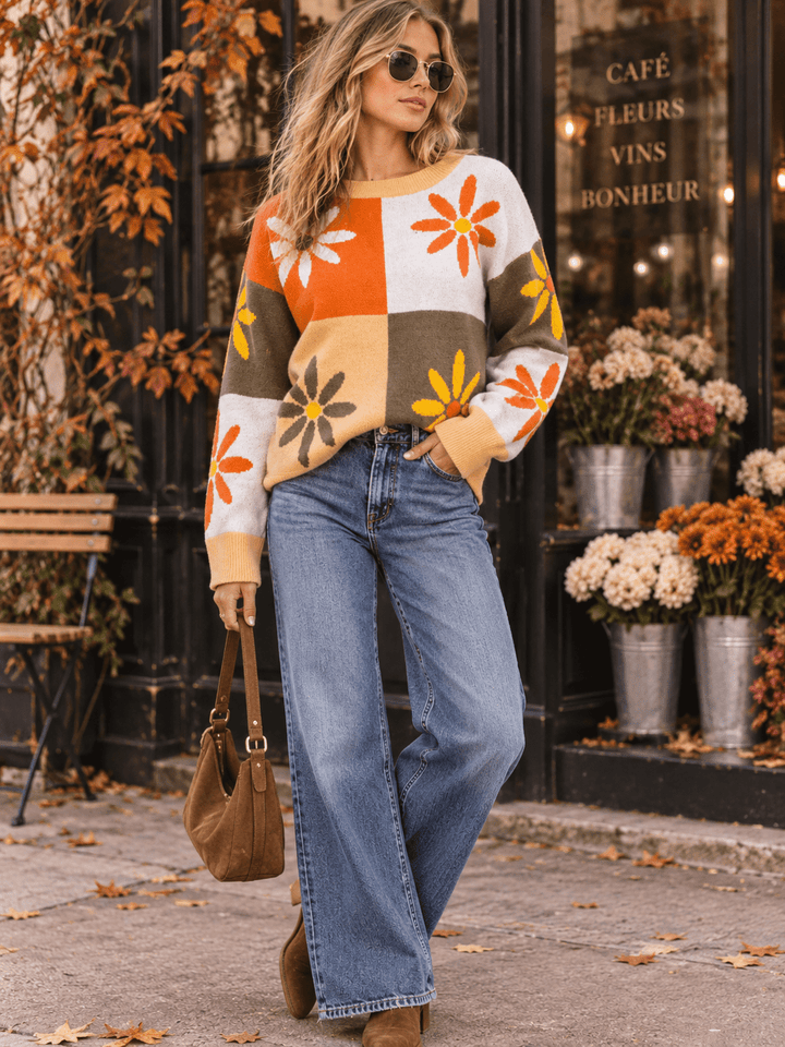 WOMEN'S LONG SLEEVE FLOWERS PRINT COLORBLOCK PULLOVER SWEATER