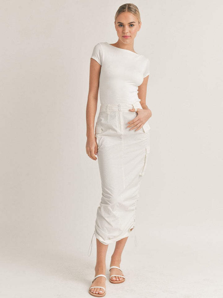 WOMEN'S BUTTON CLOSURE CARGO POCKETS SIDE RUCHED MAXI SKIRT