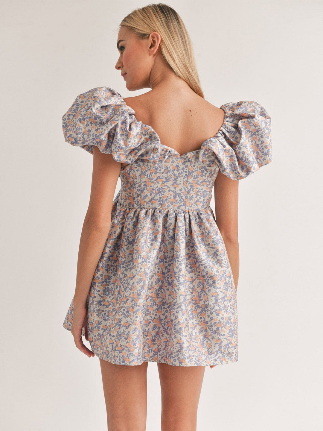 WOMEN'S SHORT PUFF SLEEVE V-NECK BABYDOLL FLORAL PRINT MINI DRESS