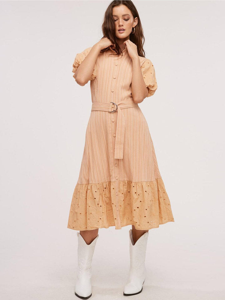 WOMEN'S SHORT SLEEVE BUTTON UP EYELET DETAILED MIDI DRESS