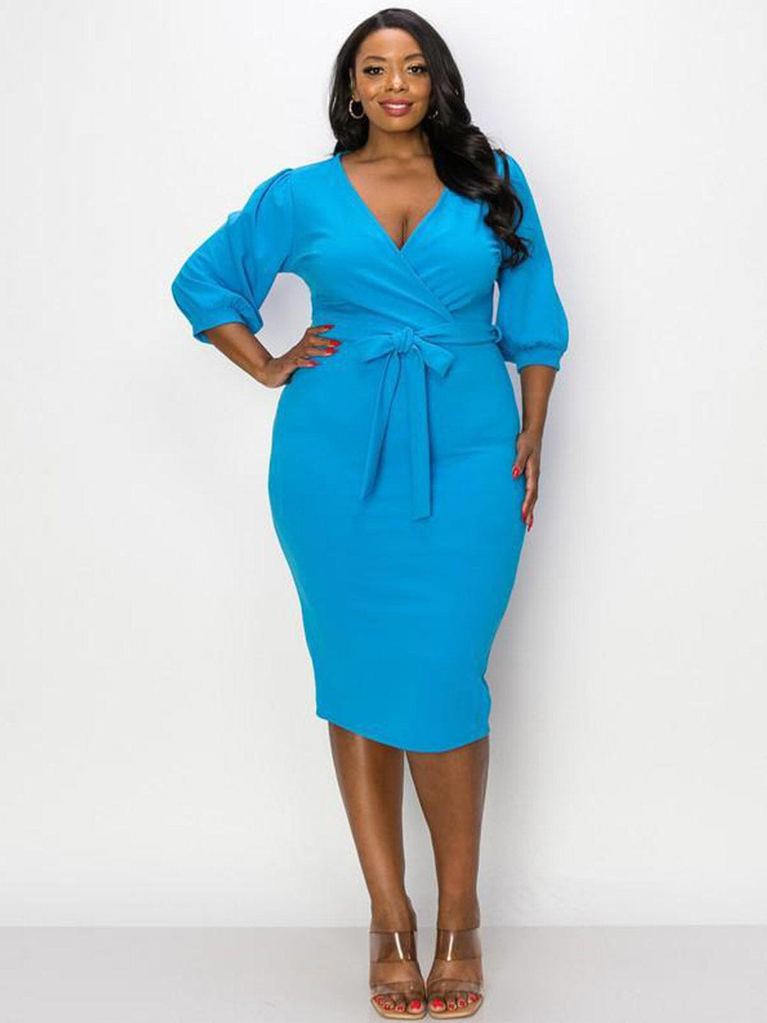 PLUS SIZE 3/4 SLEEVE SURPLICE SELF TIE BODYCON MIDI DRESS