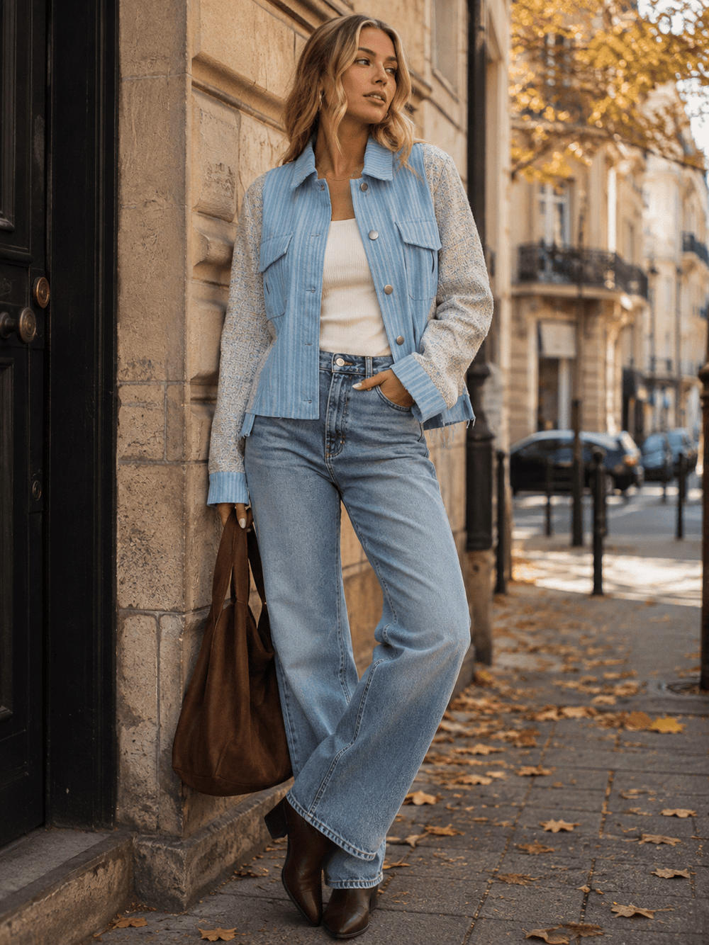 WOMEN'S LONG SLEEVE BUTTON CLOSURE FRONT POCKETS DENIM CONTRAST JACKET