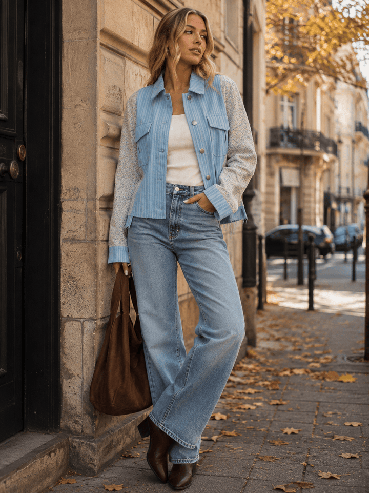 WOMEN'S LONG SLEEVE BUTTON CLOSURE FRONT POCKETS DENIM CONTRAST JACKET