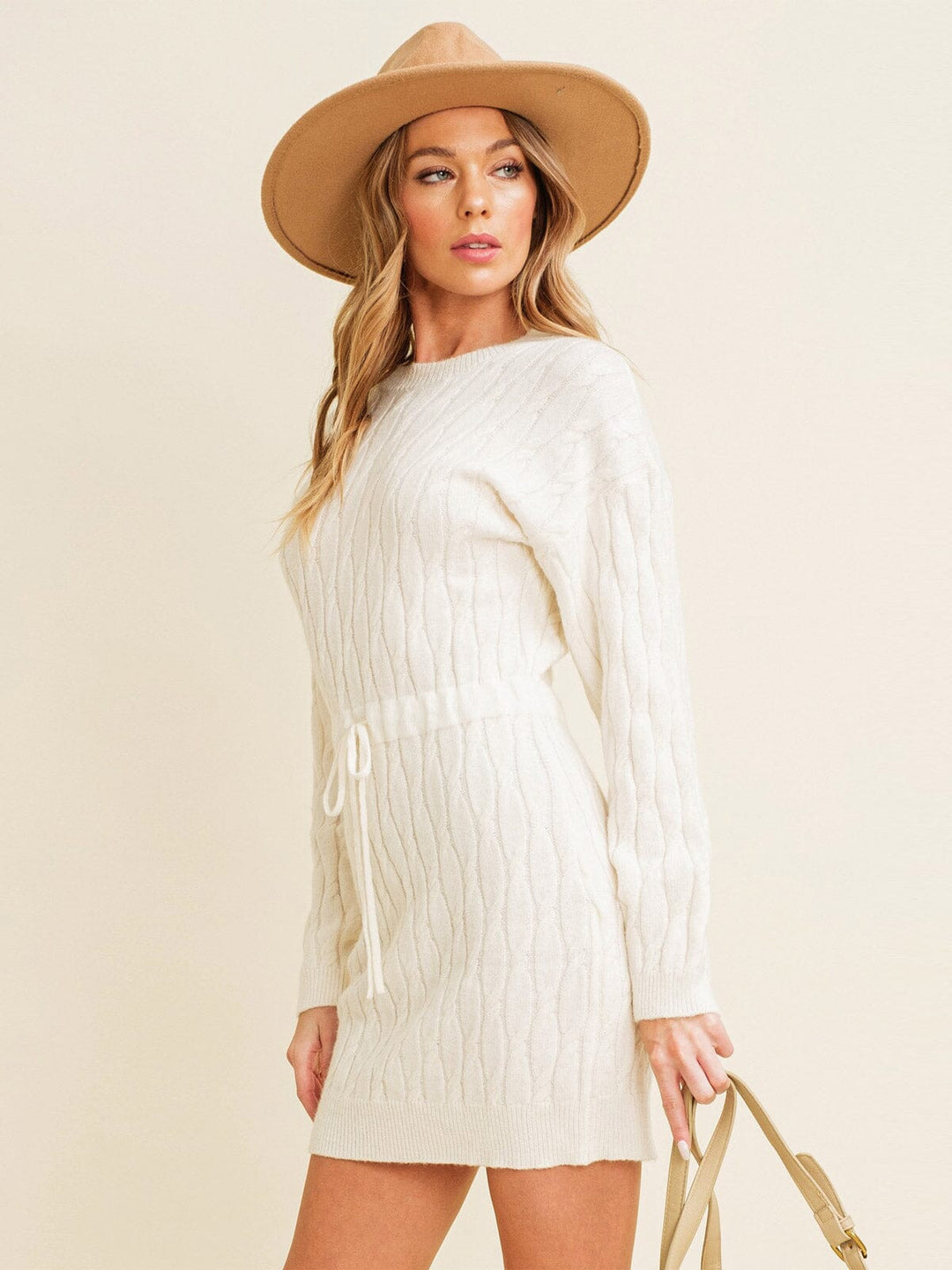 WOMEN'S LONG SLEEVE SELF TIE BODYCON MINI DRESS