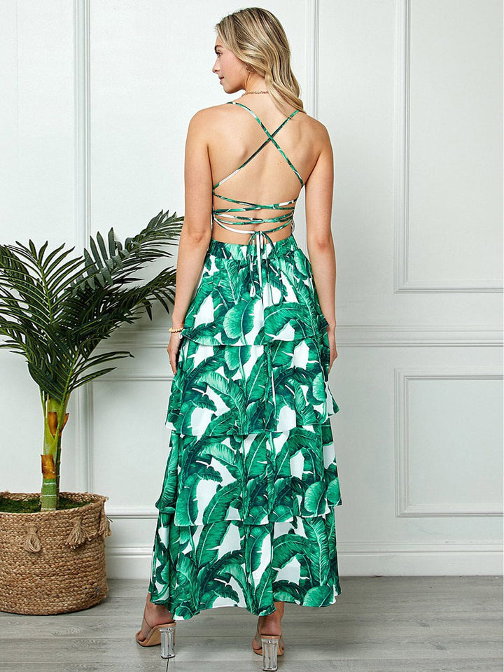 WOMEN'S SLEEVELESS TIERED OPEN BACK LACE UP LEAF PRINT MAXI DRESS